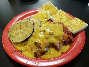 Pasta experience, fried eggplant and cheese bread! at The Reizod Vegan Experience in Columbia