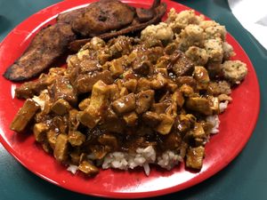 Teriyaki chicken w/Brown Rice, fried okra and plantains  at The Reizod Vegan Experience in Columbia
