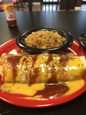 Enchilada and Spanish rice at The Reizod Vegan Experience in Columbia