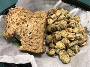 Burger and fried okra  at The Reizod Vegan Experience in Columbia