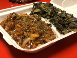 Now biodegradable! Ribs, peppers, onions with rice  at The Reizod Vegan Experience in Columbia