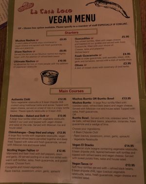 Vegan menu as of November 2020 at La Casa Loco in Rugby