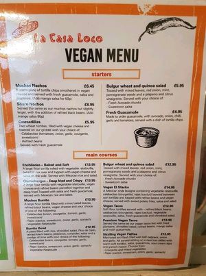 Vegan Menu  at La Casa Loco in Rugby
