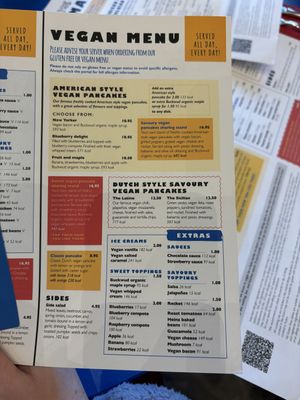 Vegan menu Nov 2024  at The Pancake House - Center Parcs in Warminster