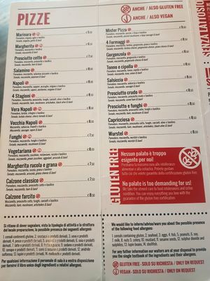 clearly labelled vegan menu items at Mister Pizza - Duomo in Florence