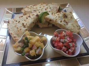 Veggie quesadilla with house-made Pico and our pineapple-jalapeño salsa at Iguana Juan's in San Pedro