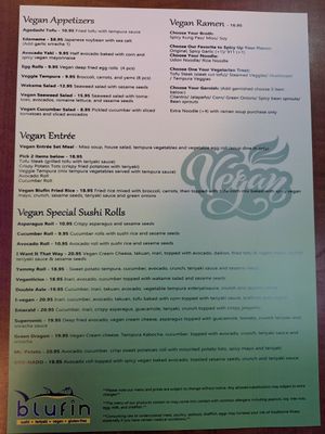 Vegetarian and vegan menu at Blufin Sushi in Fresno
