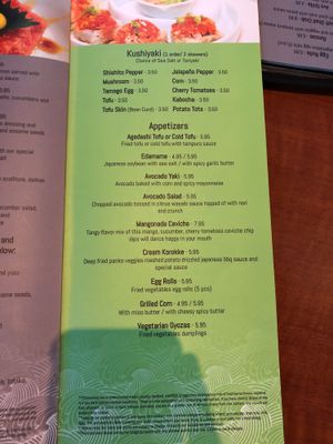 Vegetarian menu  at Blufin Sushi in Fresno