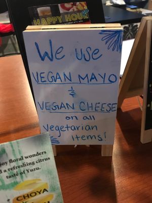 Clearly marked that they use vegan products! at Blufin Sushi in Fresno