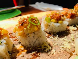 Ivegan- features corn and is fantastic! Definitely order this at Blufin Sushi in Fresno