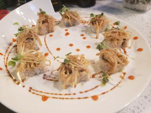 Chubaka roll! 🌱🌱🌱

Inside:cumcumber, avocado, Pickle radish 
Top: sp bean sprout, radish sprouts 
Sauce: teriyaki at Blufin Sushi in Fresno