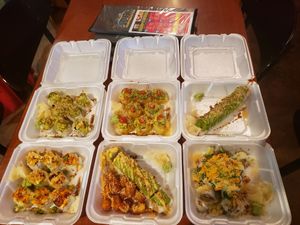 Left top: Emerald Roll 🌶🌶
Middle top: Supersonic🍅🍅
Right top: Yammy Roll🍠🍠
Left bottom: I-vegan🌽🌽
Middle bottom: Mr. Potato 🍠🍠
Right bottom: Krakatoa  at Blufin Sushi in Fresno