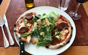 Vegan pepperoni pizza with ceasar salad at Il Fornello - Danforth Ave in Toronto