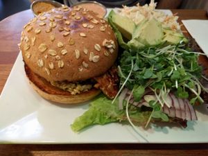 kale broccoli burger with the works at Flore in Los Angeles