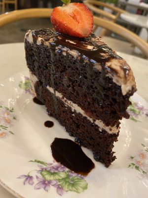 Choco cake with strawbs in and out.  at Flore in Los Angeles