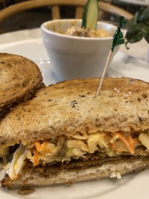 This is the pastrami sandwhich with coleslaw (called a rachel in nyc), the thin sliced seitan was delish and the side of potato salad is also not to be missed!  at Flore in Los Angeles
