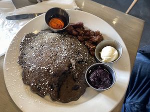 Buckwheat pancakes and blueberry compote  at Flore in Los Angeles