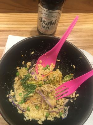 Veggie rice bowl with falafel and Asahi at Itsu - Ealing Broadway in West London