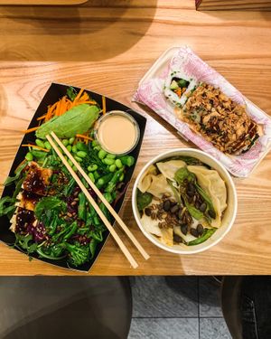 Left to right: Detox greens, Veggie gyoza noodles and Veg and seeds dragon roll at Itsu in Kingston Upon Thames