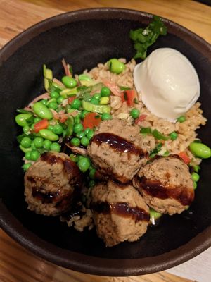 Meatless meatballs rice bowl at Itsu in Cambridge