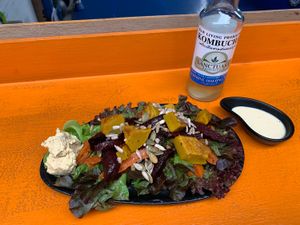 Roasted beets and pumpkin salad w/ Sanctuary Kombucha  at Nourish Cafe in Bangkok