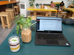 Frappe cafe latte and chia coconut milk pudding! at Nourish Cafe in Bangkok