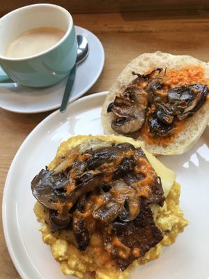 Breakfast Bap with added cheese & mushrooms. So good 💕💕💕 at Vutie Beets in Letchworth