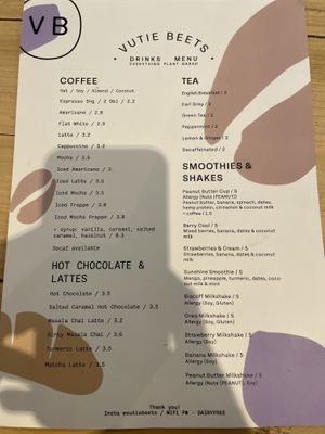 Drink menu  at Vutie Beets in Letchworth