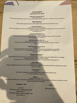 Food menu  at Vutie Beets in Letchworth