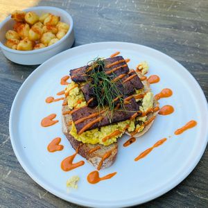 Tofu scramble with house bacon, hash brown bites with paprika salt    at Vutie Beets in Letchworth