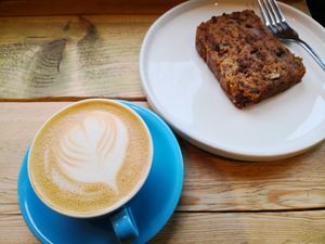 Banana bread & oat flat white at Vutie Beets in Letchworth