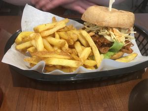 BBQ pulled Jackfruit burger and fries  at Vutie Beets in Letchworth