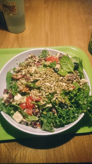 "Create your own salad": kale, spinach, quinoa, cherry tomatoes, olives, tofu, beetroot, lentils, mixed seeds, vegan spicy cashew dressing at Squirrel in South West London