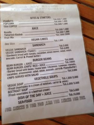 The menu, dish of the day at Mlima Sayuni Art and Vegetarian Rastaurant in Dar Es Salaam