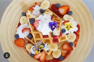 House Made Belgian Waffles with coconut whip cream and fresh farm fruit. at GreenHut - Food Truck in Squamish