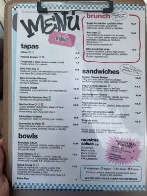 Menu  at Kino in Barcelona