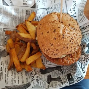 Vegan burger and fries at Kino in Barcelona