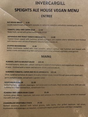Speights Ale House Vegan Menu at Speights Ale House in Invercargill