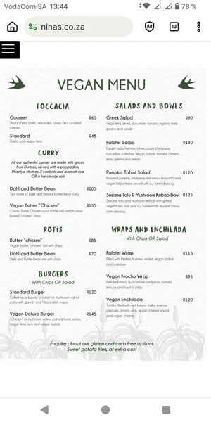 Vegan menu (without the breakfast) at Nina's Real Food in Jeffreys Bay