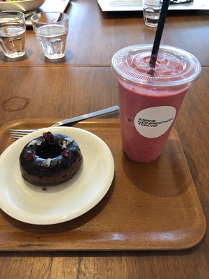 Cacao doughnut and Beet smoothie!  at Asics Connection in Tokyo