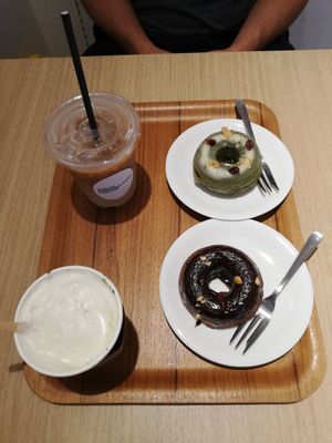 Iced soy latte, spirulina and cacao donut, avocado soup at Asics Connection in Tokyo
