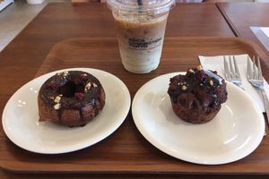 Doughnut, muffin and ice soy latte. at Asics Connection in Tokyo