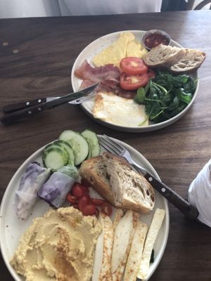 Hummus plate and non vegan breakfast   at The Anchor in Sayulita