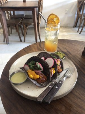 Vegan jackfruit tacos with Black Citron iced tea 🌮   at The Anchor in Sayulita