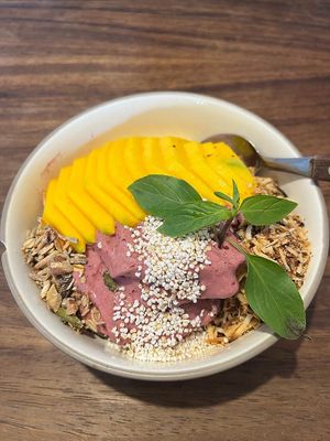 Smoothie bowl with mango  at The Anchor in Sayulita