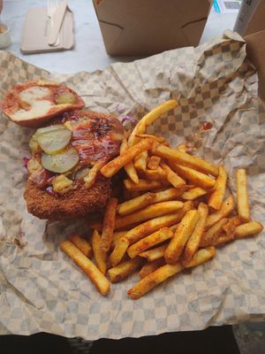 It was so good and the burger is huge. If I had ordered a started then I would have had to have shared it. The burger was juicy and succulent. The chips where fluffy in the middle  at Rudy's Dirty Vegan Diner in North West London