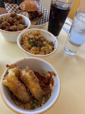 Chicken burger, popcorn chicken, Mac and cheese, mozzarella bites  at Rudy's Dirty Vegan Diner in North West London