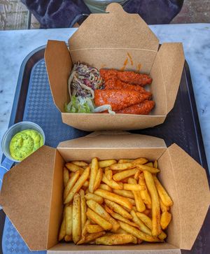 Rudy's Fries with garlic mayo and Buffalo Wingz at Rudy's Dirty Vegan Diner in North West London