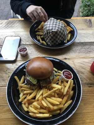 Burger and fries at Rudy's Dirty Vegan Diner in North West London
