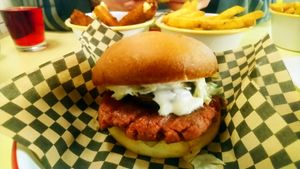 Golden burger at Rudy's Dirty Vegan Diner in North West London